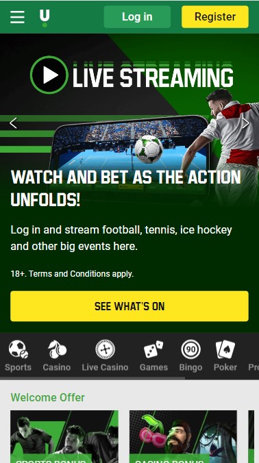 Schermafbeelding van de Unibet website met registratie- en loginopties