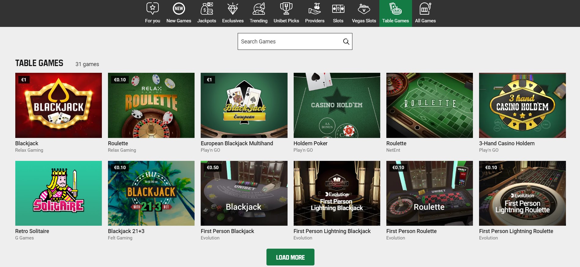 UniBet Casino interface